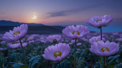 Dreamy field of giant glowing purple flowers under a twilight sky with a distant sunset