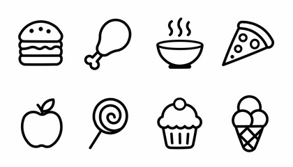 Food icons set, burger, chicken, soup, pizza, apple, lollipop, cupcake, ice cream