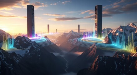Majestic speakers broadcasting sonic resonance across snow-capped mountains at dawn creating