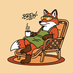 Cartoon Fox Relaxing with Coffee in a Rocking Chair.