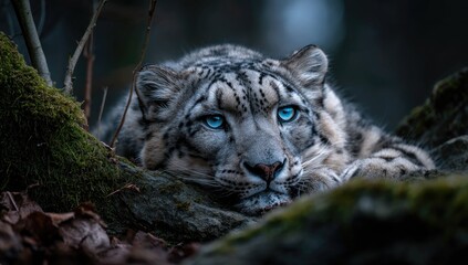Fototapeta premium A striking snow leopard, with captivating blue eyes, rests amongst mossy woodland.