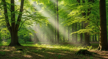 Obraz premium Mystical woodland scene with sun rays piercing through the canopy of trees creating a serene