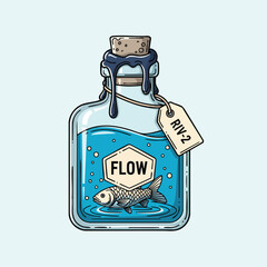 Cartoon Bottle with Fish and Blue Liquid Illustration.