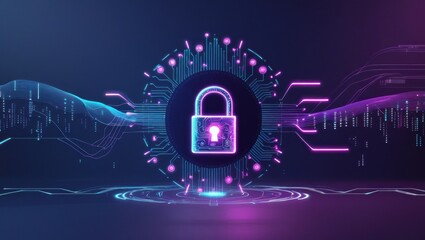 A digital lock graphic is centrally displayed, surrounded by glowing circuit board elements and data streams, creating a strong security theme.