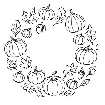 Autumn wreath line art with pumpkin, fall leaves, acorns, mushrooms, berries, and flowers. Black and white hand-drawn illustration, perfect for coloring pages and seasonal design projects.