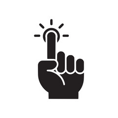 A black hand with index finger pressing a button with radiating lines on a white background image