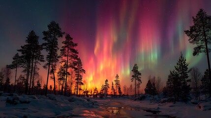Fototapeta premium Magical northern lights above snowy pine trees under winter night sky, surreal glowing aurora colors illuminating frozen wilderness, celestial wonder and peaceful natural beauty