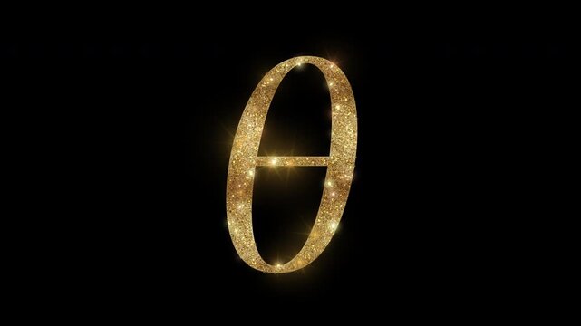 Luxury lowercase Greek letter theta with golden glitter, alpha channel

