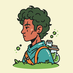 cartoon man with green curly hair.