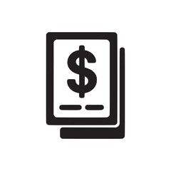 Black and white graphic icon of a dollar symbol on a document with lines below it on a white background
