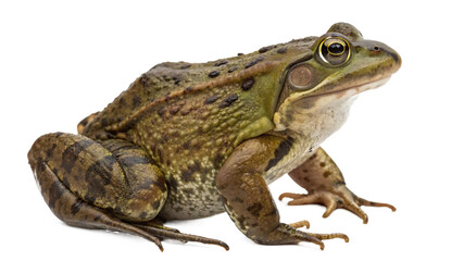 Fototapeta premium Detailed Portrait of a Bullfrog Showing Textured Skin and Golden Eyes Ready to Leap with a Transparent Background