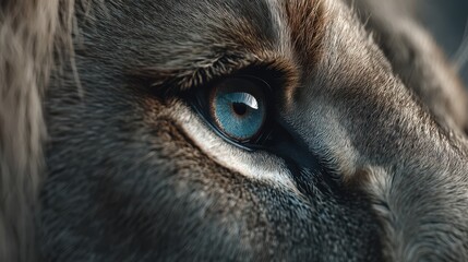 Close-up of a lion's eye showcasing intricate details and vibrant colors against a blurred background