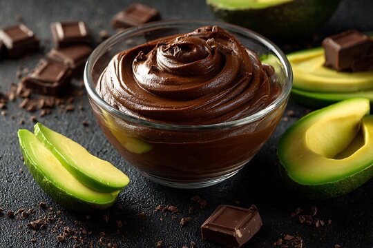 Decadent chocolate avocado cream in see through receptacle with segmented fresh fruit and dark confections on gloomy surface
