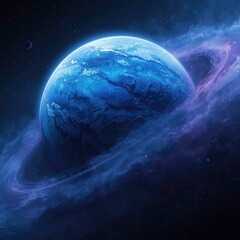 Stunning Blue Planet with Glowing Rings in Outer Space