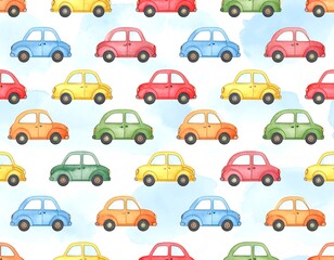 Watercolor-painted repeating pattern of colorful cars on a light blue background