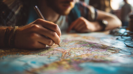 A student planning a gap year with a travel consultant, people traveling, photo style