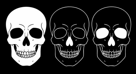 Flat minimal skull vector illustration with big hollow eyes and smiling mouth, simple geometric style skull icon on solid black background, spooky halloween skull cartoon, scary skeleton face design