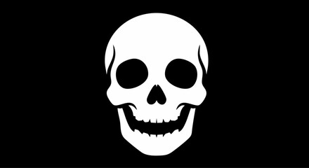 Flat minimal skull vector illustration with big hollow eyes and smiling mouth, simple geometric style skull icon on solid black background, spooky halloween skull cartoon, scary skeleton face design