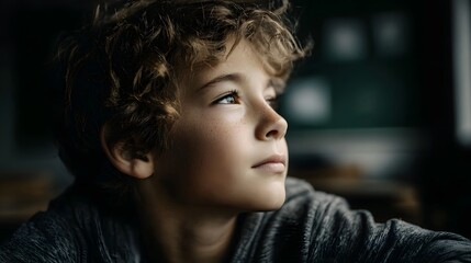 Boy daydreaming while looking out of classroom window