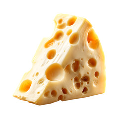 A delicious wedge of swiss cheese with characteristic holes isolated on transparent background