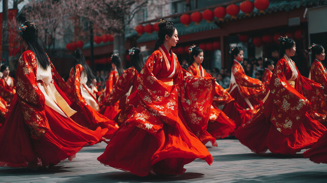 Women in hanfu performing during Chinese New Year, chinesse traditional dancers, photo style