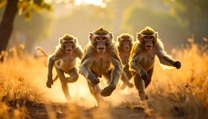 Four monkeys running towards the camera, backlit by the setting sun, kicking up dust