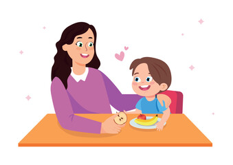 Vector illustration of a cute mother giving her son healthy fruits. Cartoon scene with a smiling mother and a boy sitting at a table, talking and eating fruit isolated on a white background.