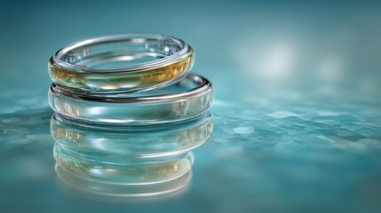 Three elegant rings resting on a shimmering surface, reflecting light in a serene setting