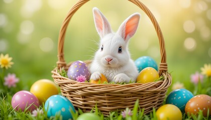 Baby bunny inside an Easter basket with colorful eggs, festive holiday theme