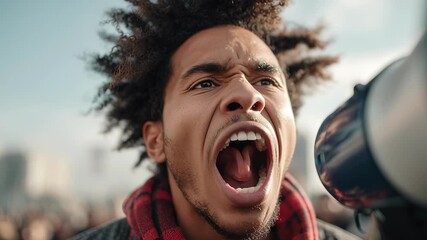 Young activist shouting with megaphone at protest - Powered by Adobe