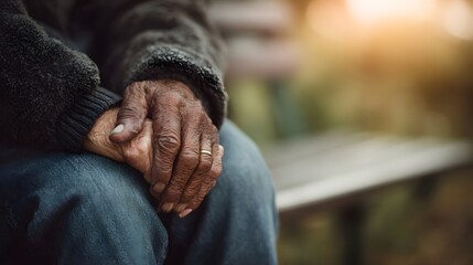 Elderly couple holding hands on a park bench a lifelong love