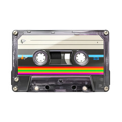 Obraz premium Vintage audio cassette tape with colorful stripes isolated on transparent background