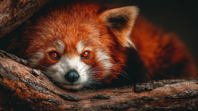 Close-up of a red panda resting on a log in a serene forest environment, showcasing its vibrant fur
