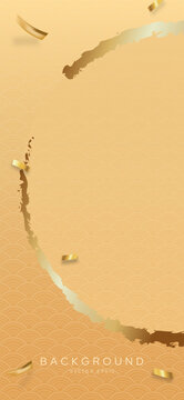 Chinese new year gold background with oriental style pattern and golden confetti vertical vector design