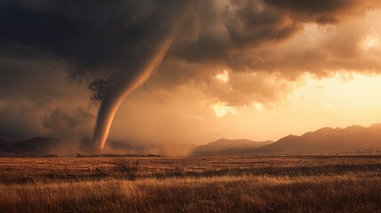 Dramatic tornado at sunset over a dry field