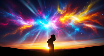 Fototapeta premium A woman's silhouette stands in awe looking up at a spectacular vibrant and colorful cosmic nebula exploding across the night sky