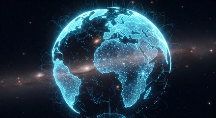 Naklejka premium Digital Earth Globe, Glowing Network, Space Background, Technology Concept