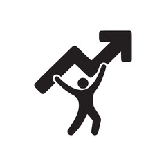 Black silhouette of a person holding a large upward pointing arrow on a white background image