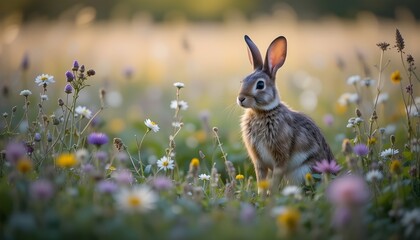 Wild rabbit standing alert in a meadow with wildflowers, soft natural lighting