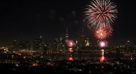 Fireworks exploding above city skyline on New Year&rsquo;s Eve