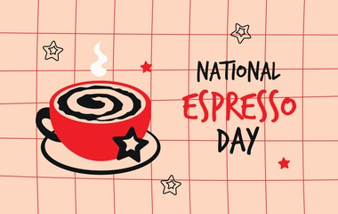 National Espresso Day with red cup of coffee card banner invitation poster