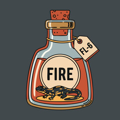 Cartoon Bottle with Fire Liquid and Salamander Illustration.