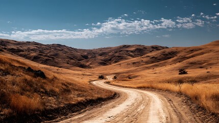 Long dirt road curving through tan hills under blue sky
