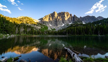 Serene mountain lake reflecting the golden hues of sunrise, surrounded by lush green forests and dramatic rocky peaks.