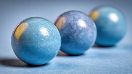 Close-up of three smooth, glossy blue marbles arranged in a line on a soft blue background