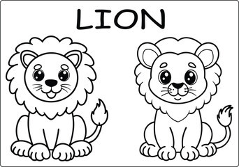 Two Adorable Cartoon Lions A Playful Black and White Illustration Perfect for Children's Coloring Books and Educational Materials