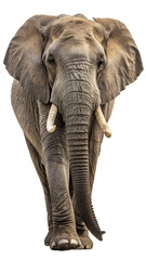 A realistic PNG of an African elephant walking with trunk extended, captured in sharp detail on white background.