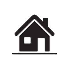 A simple black house icon with a chimney window and door on a white background with a thin black base