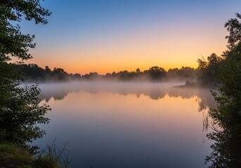 Fototapeta premium Tranquil lake with mist at dawn reflecting trees and sky in peaceful scene