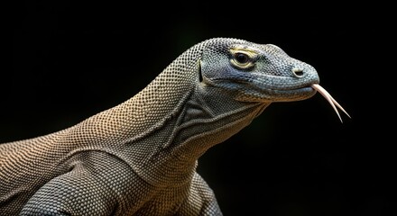 Obraz premium Captivating close up of a Komodo dragon, showcasing its remarkable skin texture and forked tongue